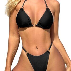 Triangle Bathing Suit High Cut 2 Piece Bikini Spaghetti Strap Swimsuits Black